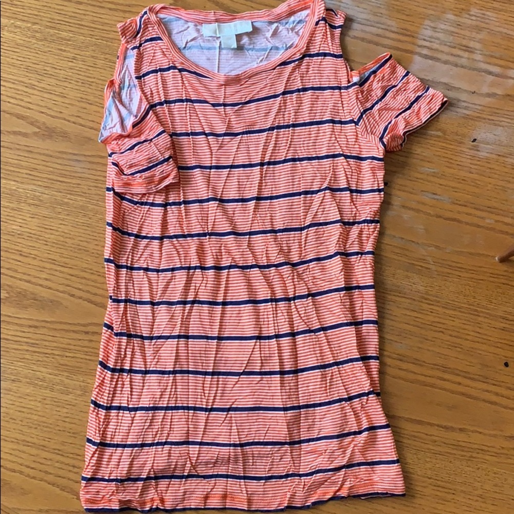 MK printed open shoulder shirt